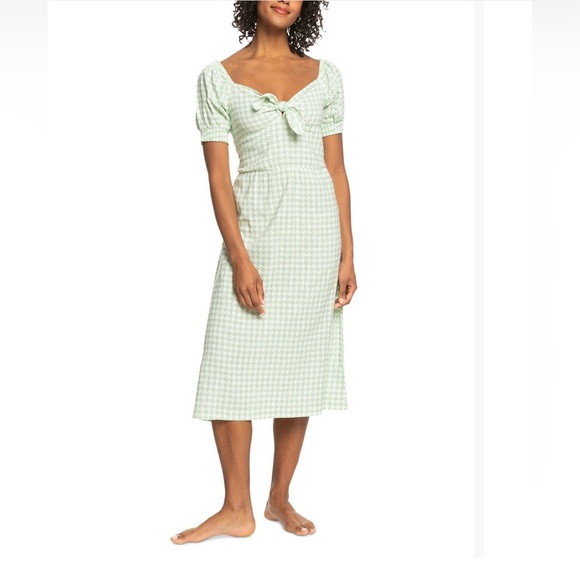 Roxy  Summertime Feeling Tie-Front Midi Dress Light Green Houndstooth Dress EUC - Picture 1 of 13